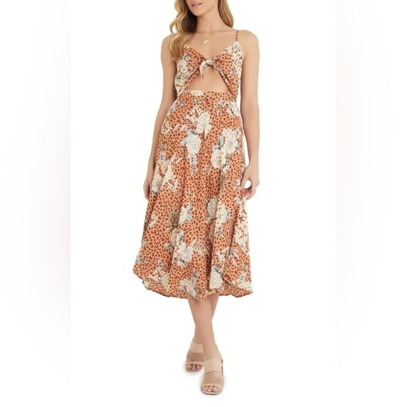Vici Dresses & Skirts - VICI Floral Tie Front Cutout Midi Dress Rust Multi Color Size M